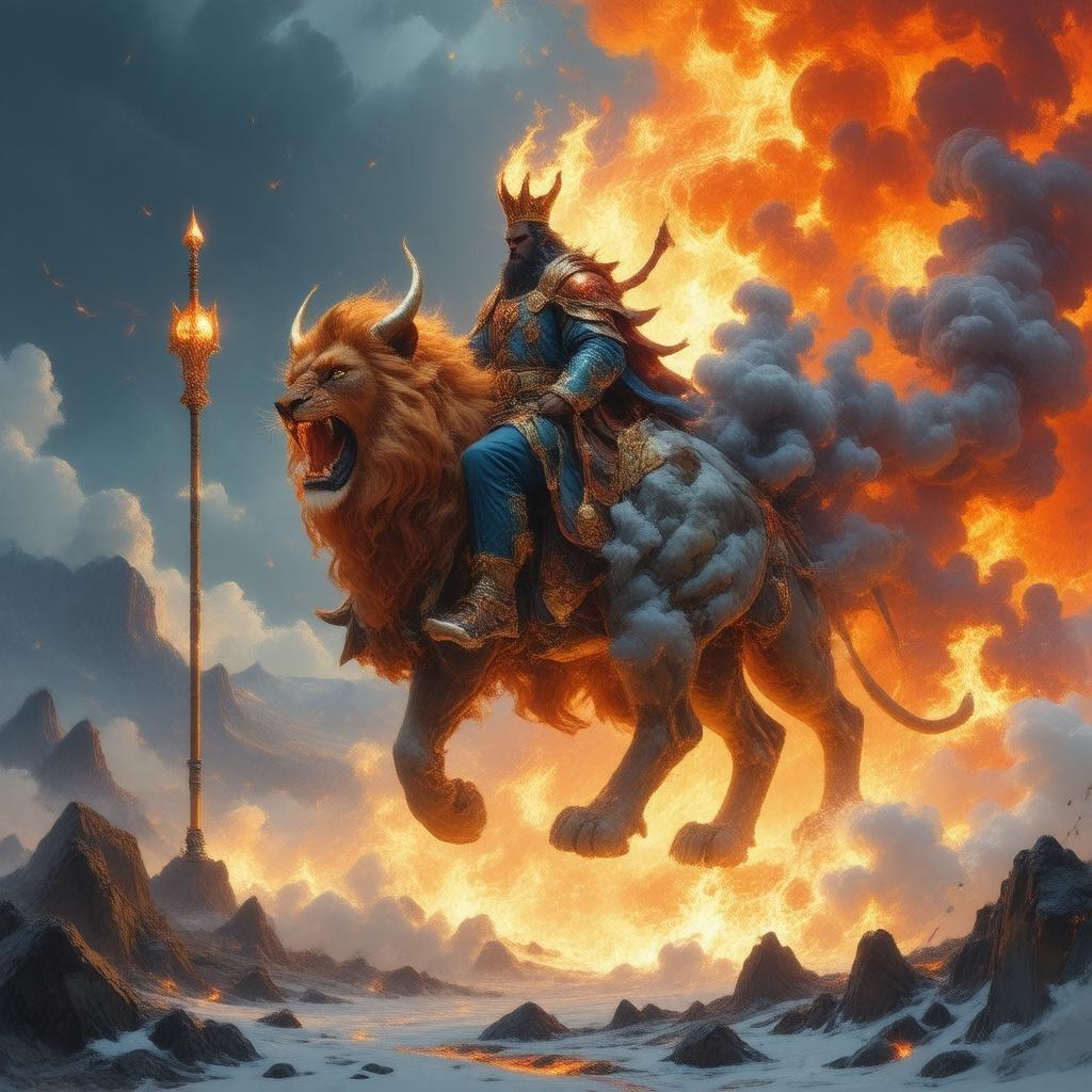 This anime-style wallpaper features a powerful demon king riding a majestic lion, set against a backdrop of flames and smoke, capturing a moment of rebirth.