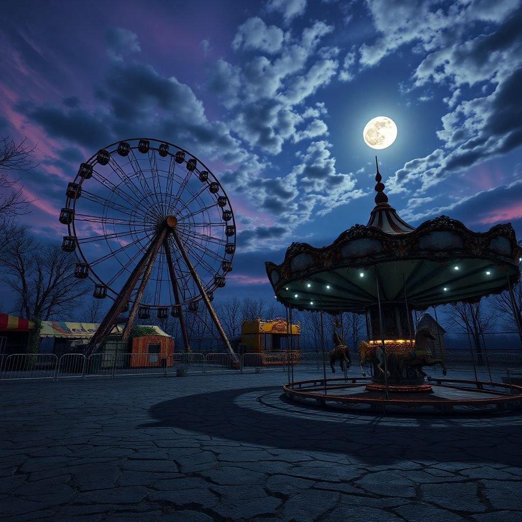 Enjoy the thrill of amusement park rides by the moonlight. Ferris wheel, carousel, and bumper cars shine with a magical glow under the night sky.