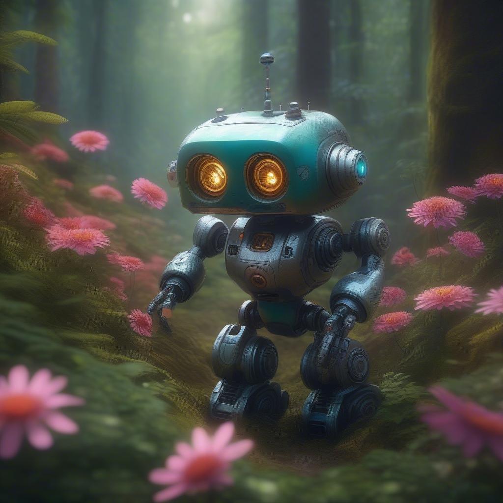 A robot stands proudly in a field of flowers, its metallic body a striking contrast to the vibrant colors of the blooms.