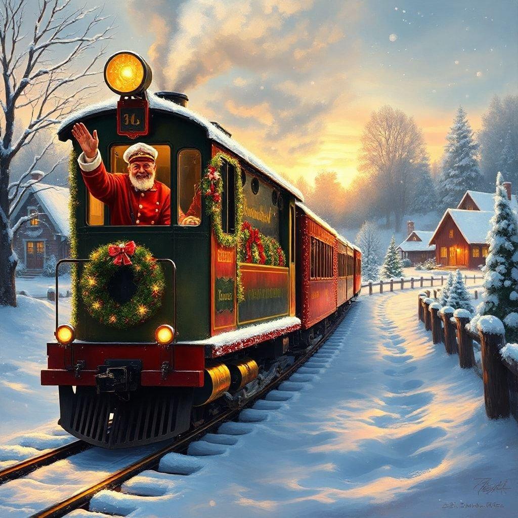 A festive holiday train scene with Santa waving from the locomotive, set against a backdrop of snowy Christmas decorations.