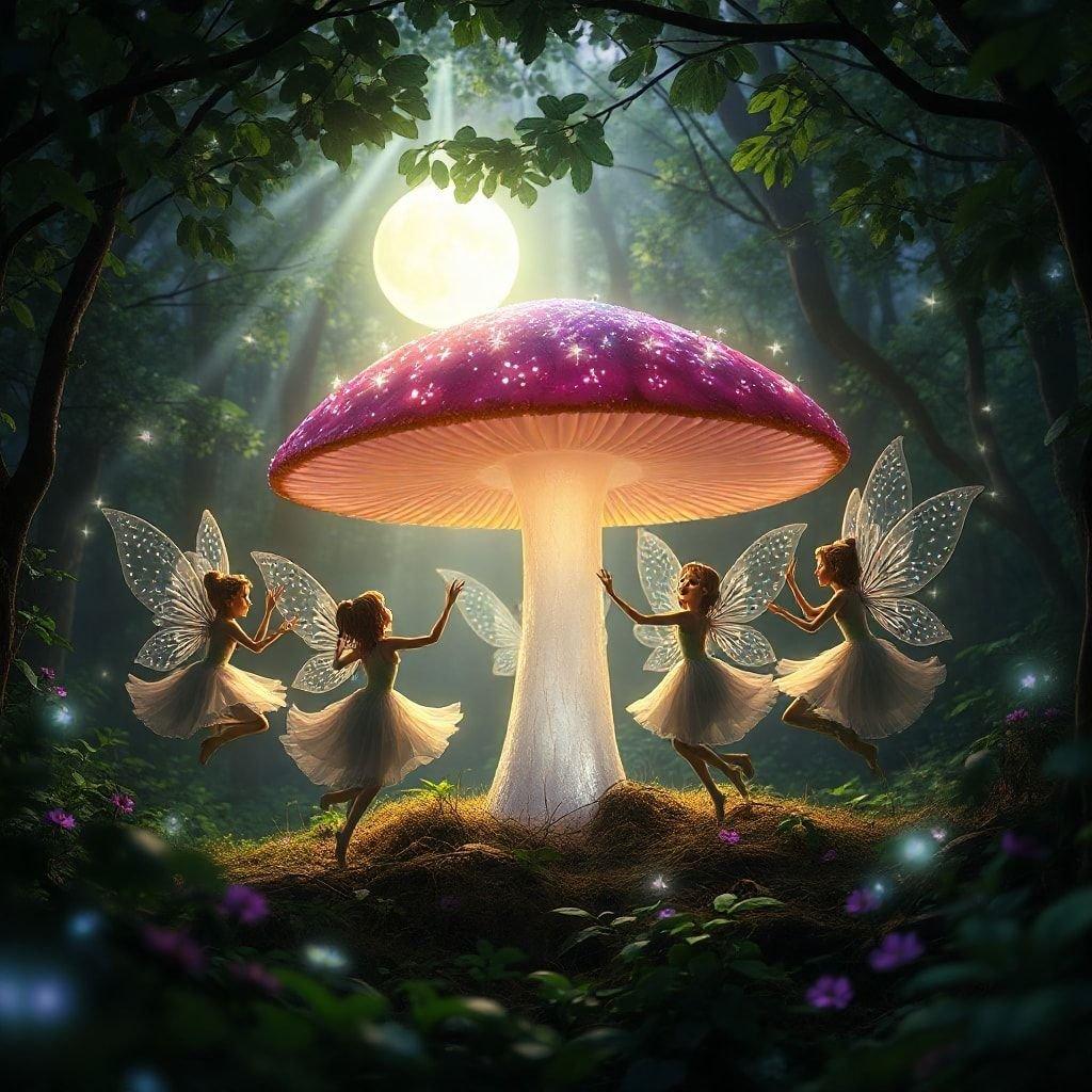 In this magical scene, four fairies are gracefully dancing in a woodland clearing illuminated by the soft glow of the moon. The fairy queen leads her court under a starlit sky, with the mystic glow of a pink mushroom at their center casting a spellbinding aura on this enchanting night.