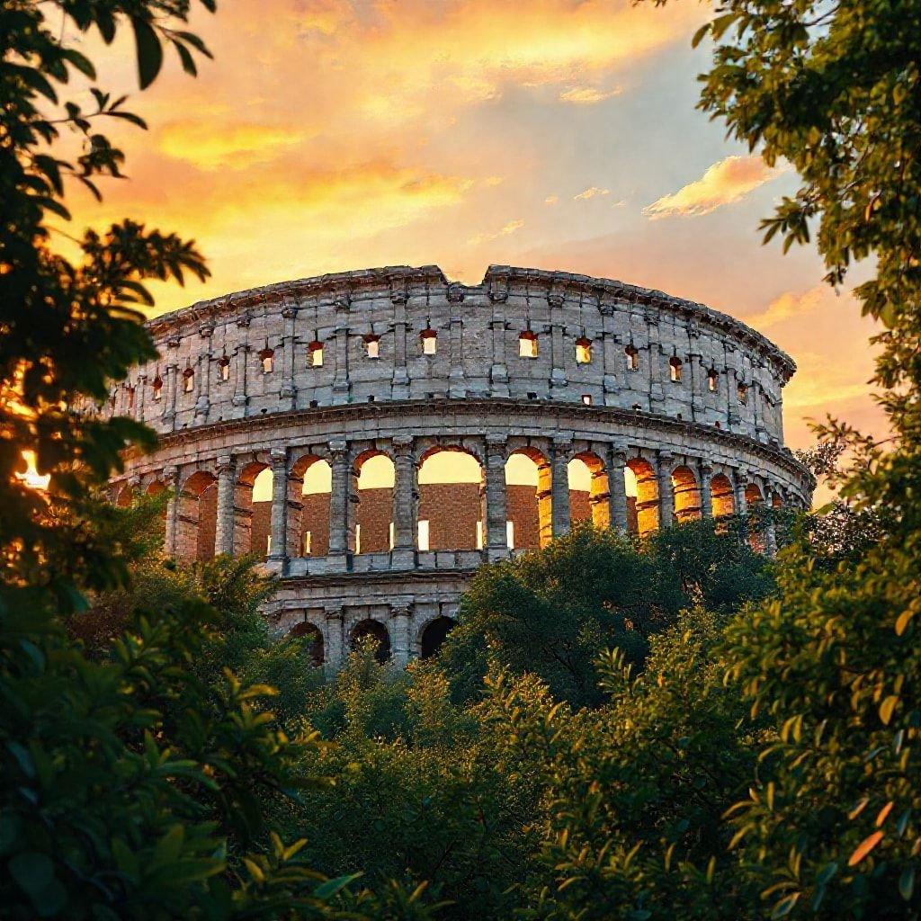 The historic Colosseum stands as a testament to ancient Rome, with its grand arches and towering columns illuminated by the setting sun.