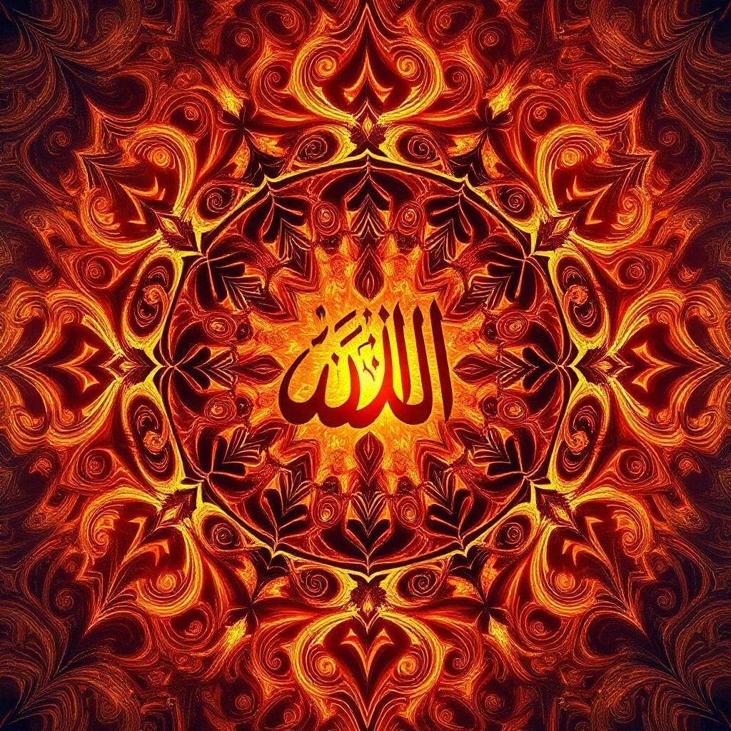 A spiritually uplifting image, perfect for celebrating Ramadan and Eid. This digital artwork features the sacred Islamic declaration 'Allah', at its center within a vibrant symmetrical mandala design that radiates tranquility.