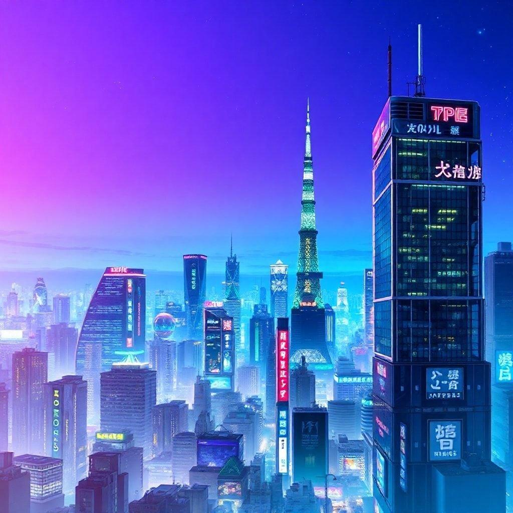 This wallpaper features a stunning futuristic Tokyo skyline, complete with a vibrant neon sign and a captivating blue and green gradient. The illustration captures a sense of motion, with tall buildings in the foreground and smaller buildings in the background, creating a dynamic and immersive scene.