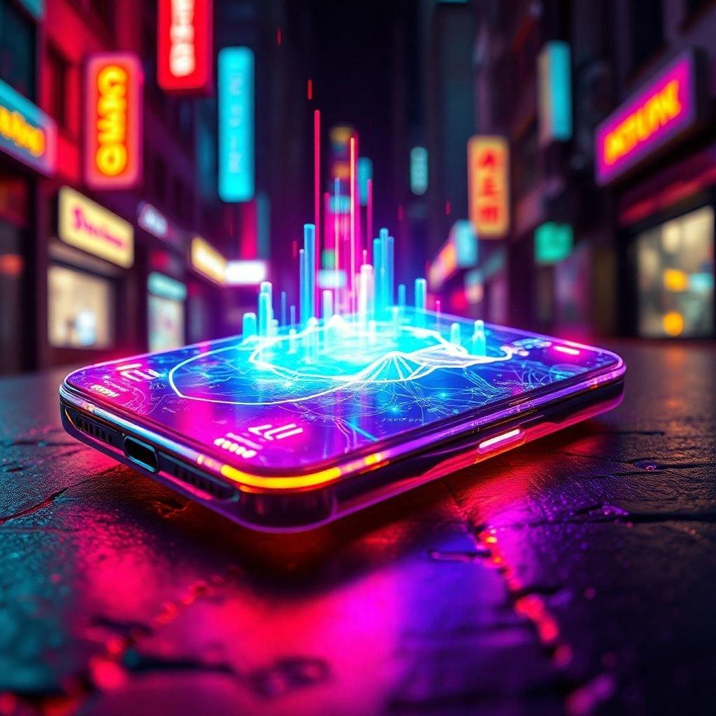 A vibrant, neon-lit city street at night, with a glowing futuristic smartphone resting on the pavement.