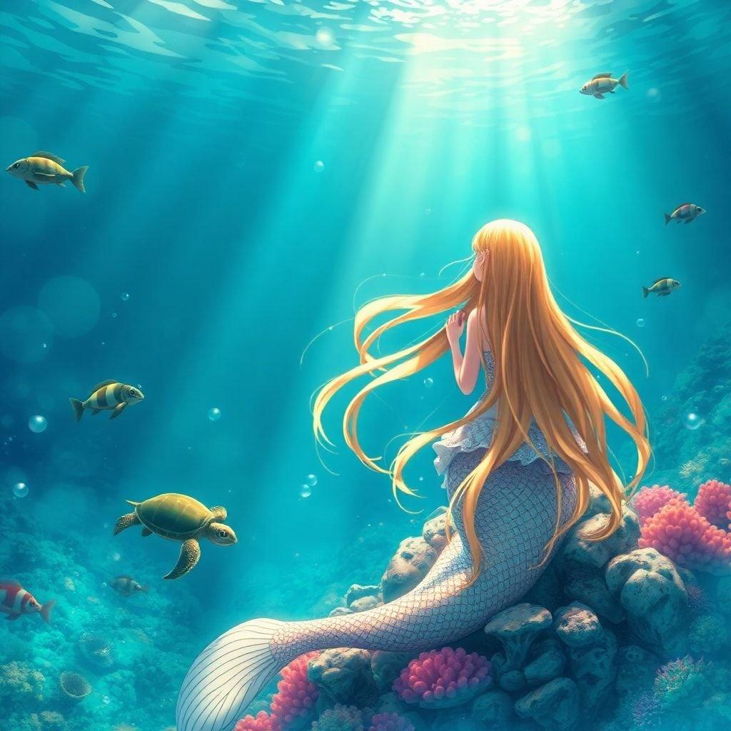 This anime illustration captures a serene moment of a mermaid princess singing to the sea, surrounded by blue and green hues and lively sea creatures.