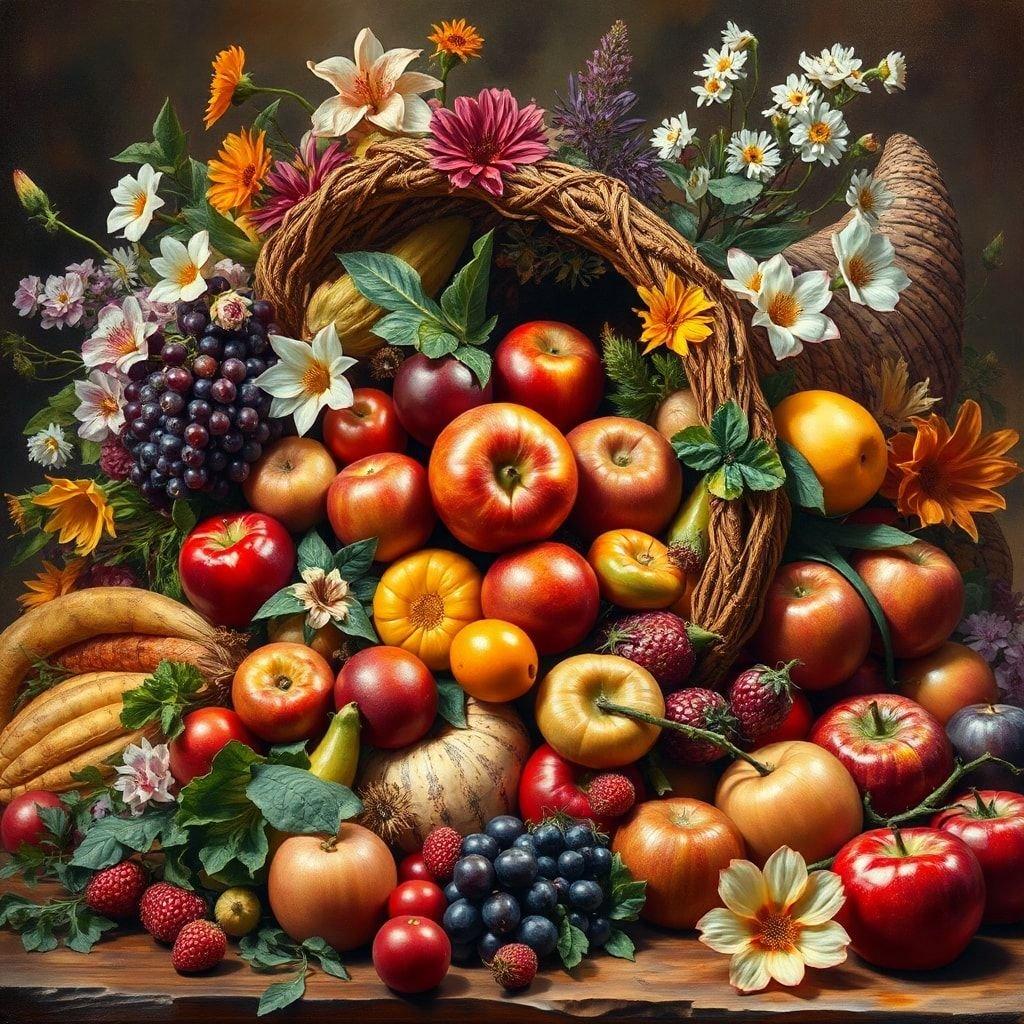 A festive assortment of seasonal fruits and flowers in a woven basket, ready to celebrate Thanksgiving.