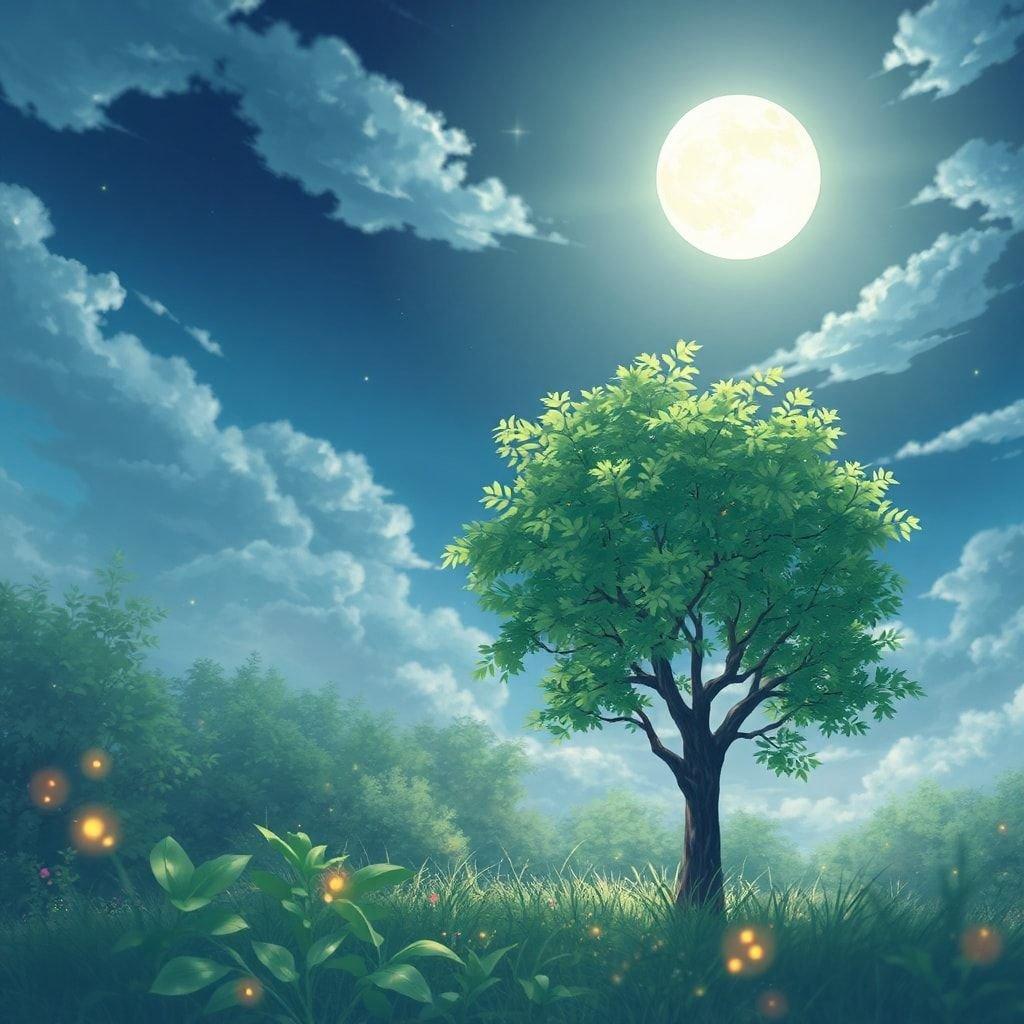 Questa illustrazione anime mostra una serena scena di giardino sotto una luna piena, con un albero verde lussureggiante che aggiunge vita all'ambientazione armoniosa.