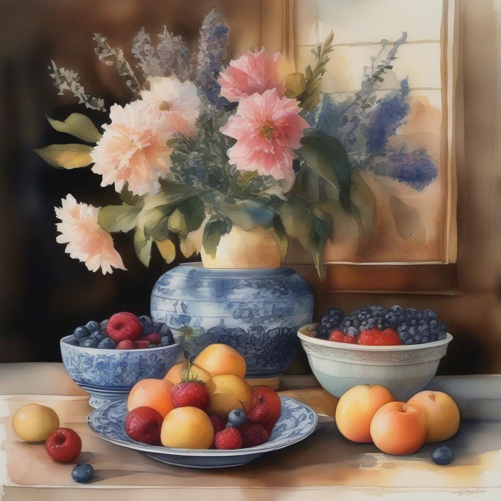 This painting captures the essence of a warm summer afternoon with its display of fresh fruits. A vase brimming with pink and purple flowers adds to the charm, set against the backdrop of a peaceful kitchen scene. Perfect for a refreshing desktop background.