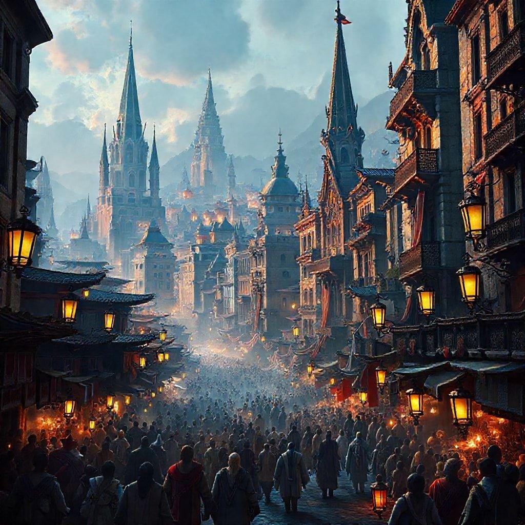 A bustling medieval city comes to life in this fantasy gaming wallpaper, featuring a grand castle and a crowd of people walking down a street.