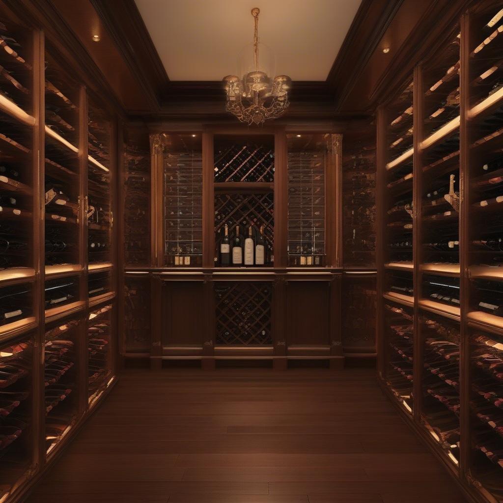 Indulge in the refined elegance of a champagne cellar, where fine wines are stored. The rich wooden panels and gold accents create an atmosphere of luxury. Whether you're hosting a dinner party or simply enjoying a quiet evening at home, this image brings the sophistication of a vintage wine collection to your desktop.