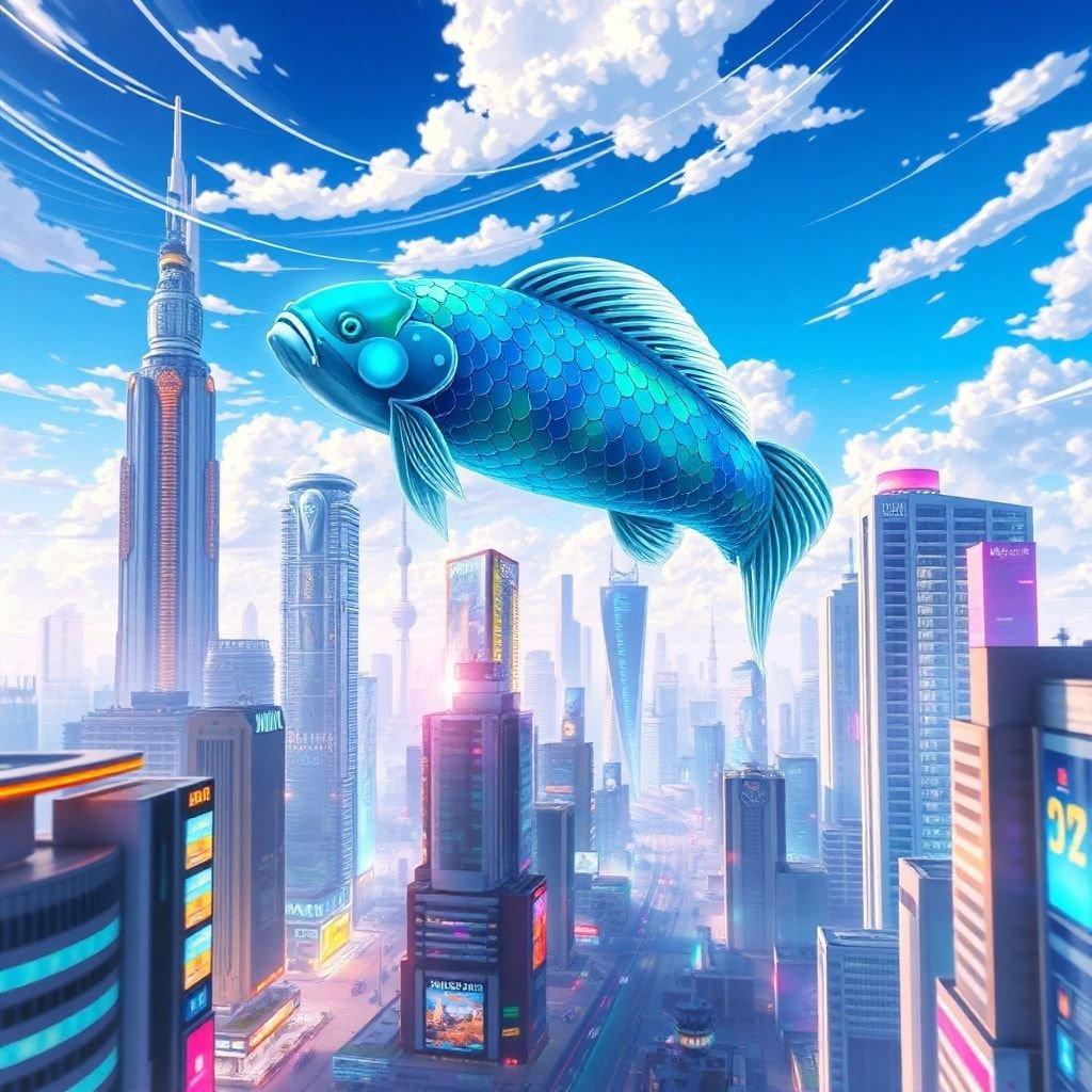 Immerse yourself in a world of wonder with this stunning anime-inspired wallpaper, where a colossal koi fish soars through the sky amidst a backdrop of futuristic cityscapes.