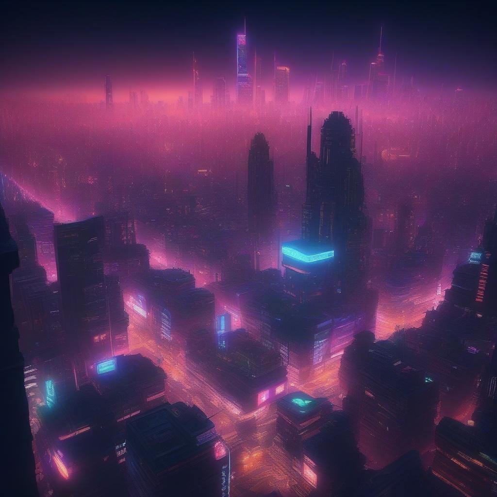 The neon glow of futuristic city lights illuminate the cyberpunk metropolis after dark. The cityscape is a bustling mix of towering skyscrapers, bright billboards, and pulsating neon signs against the purple night sky.