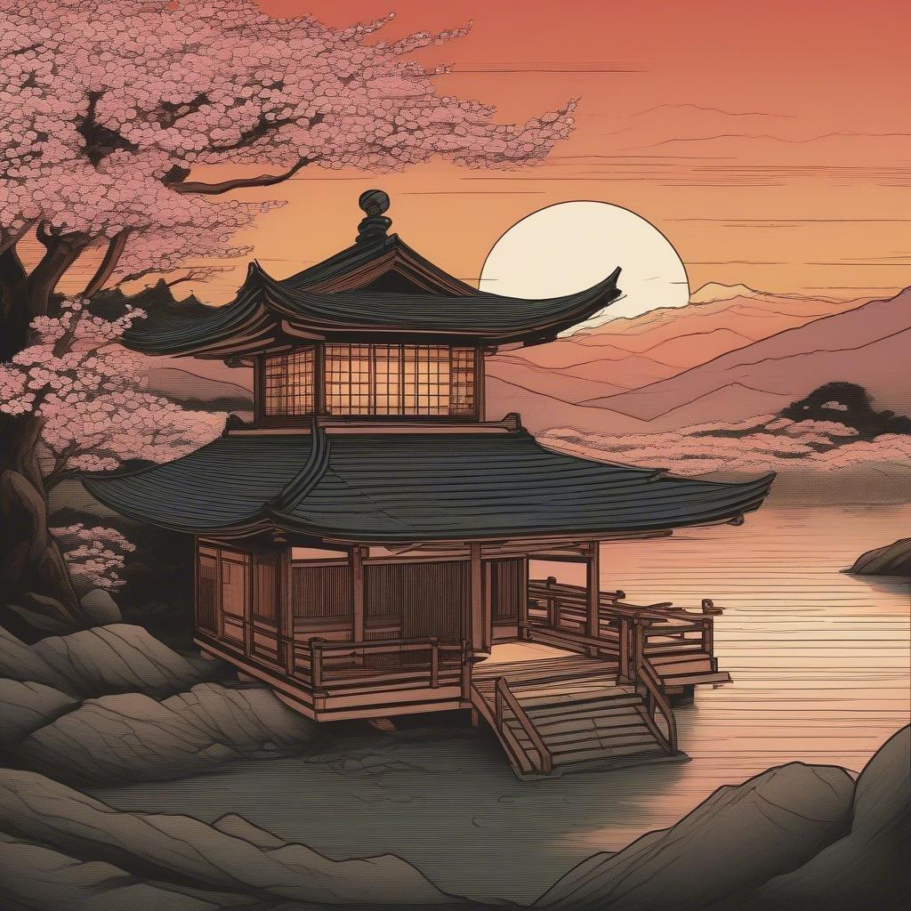 This beautiful wallpaper features a serene traditional Japanese scene, complete with a traditional Japanese building and a stunning sunset. The image captures the essence of Japanese culture and tradition, making it a perfect addition to any room.