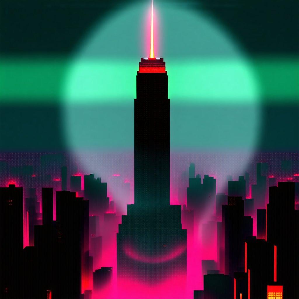 A cyberpunk cityscape, where the Empire State Building is illuminated by vivid neon lights against a backdrop of a pulsing sky. A stylized and futuristic depiction inspired by Blade Runner and cyberpunk aesthetics.