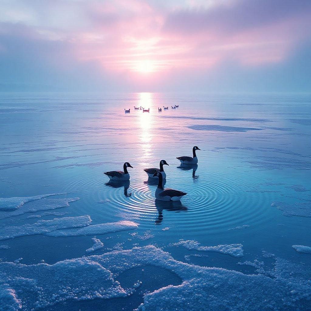 Four Canadian Geese gracefully paddle through the frozen water, their reflections forming perfect circles in the stillness. The sun's soft light is a silhouette of tranquility against the ice-capped horizon.