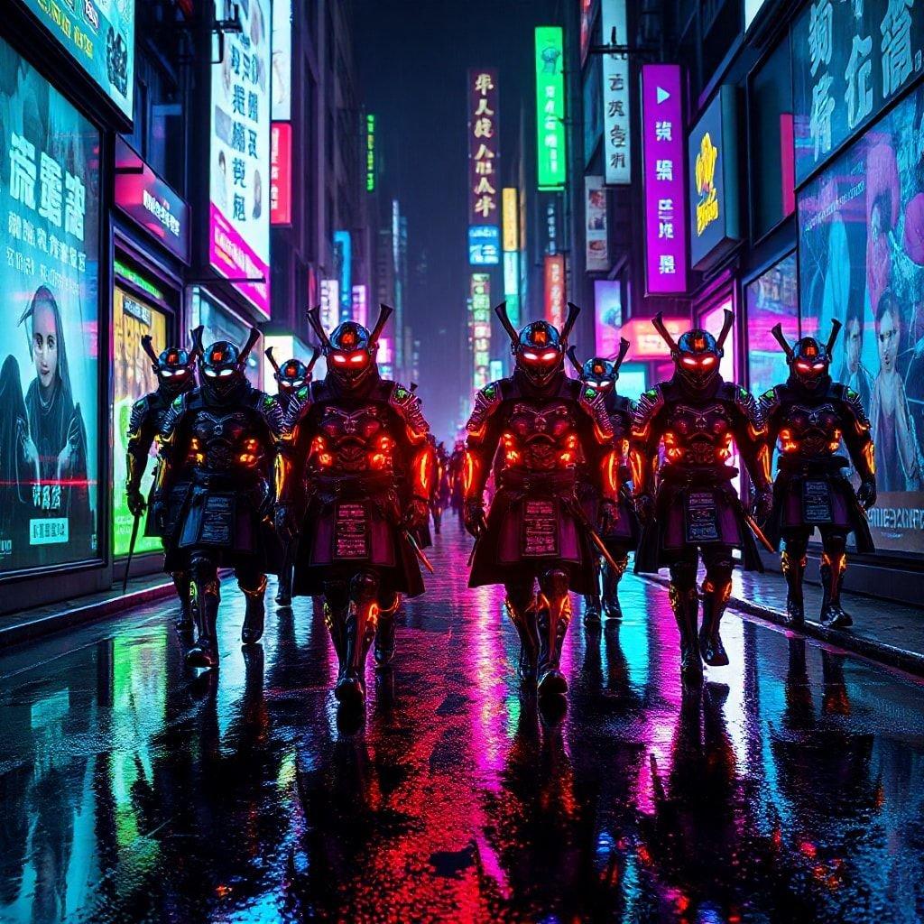 Un groupe de samouraïs futuristes se tient en unité, leurs yeux brillants reflétant les lumières néon d'une ville cyberpunk. Leur armure avancée est conçue de manière complexe avec des motifs numériques qui se fondent dans le paysage urbain nocturne.