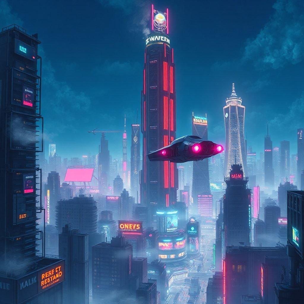 This captivating anime-style wallpaper transports you to a futuristic cityscape, where towering skyscrapers and a mech-like structure create a sense of wonder and mystery.