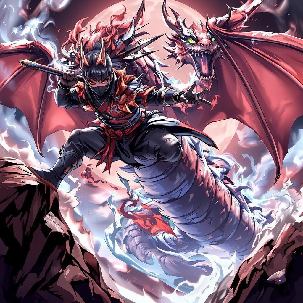 This anime wallpaper features a lone ninja leaping off a cliff, its body adorned with colorful feathers and spikes, against a majestic dragon backdrop. The ninja's powerful pose captures a moment of action, while the dragon's wings are spread wide, capturing the energy of the moment.