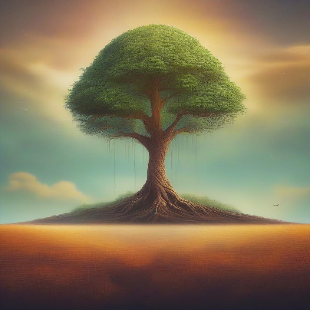 A peaceful landscape with a tree in the center, set against a cloudy sky, perfect for a calming wallpaper.