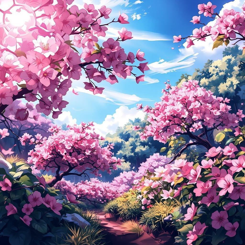 Denna bakgrund visar en lugn anime-stil trädgård, komplett med livfulla rosa körsbärsblommor och en blå himmel, belägen i en tät skog. Den fridfulla scenen är badad i mjukt ljus och fångar ett lugnt ögonblick i naturen.