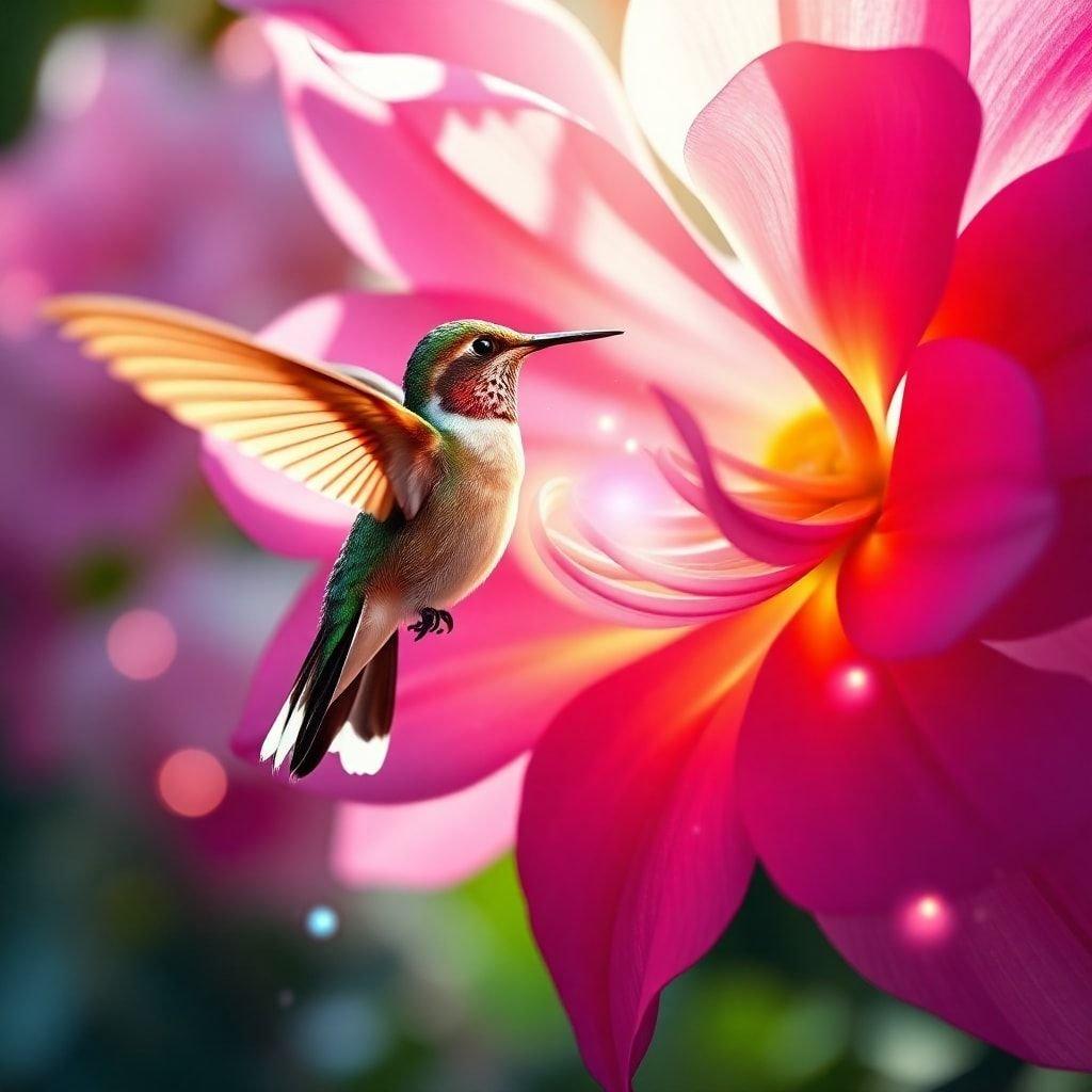 Um vibrante beija-flor verde voa entre os vívidos pétalas de uma flor rosa, criando uma cena de jardim animada e serena.