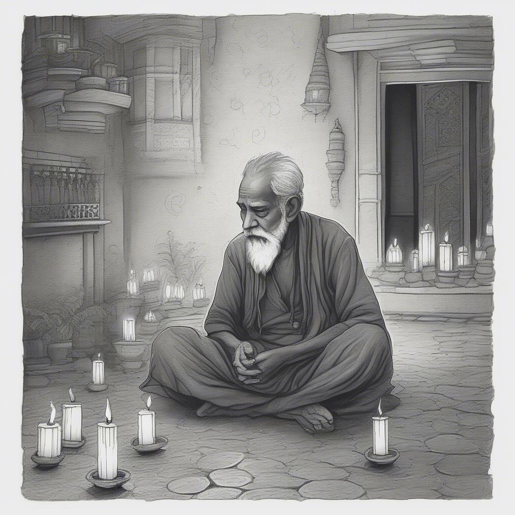 A serene scene with an elderly guru meditating in front of lit candles, embodying the tranquility and spirituality of Diwali celebrations.