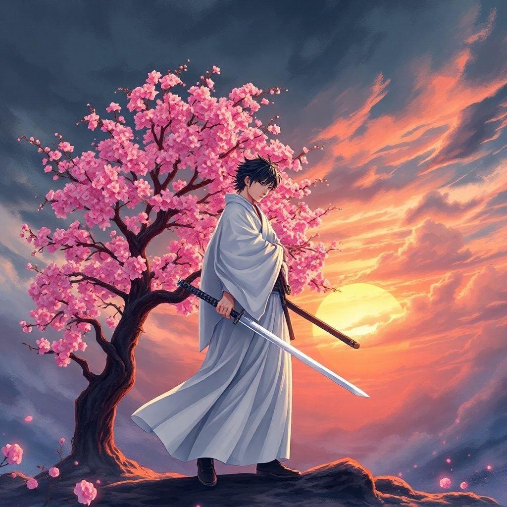 In un'illustrazione in stile anime serena, un samurai sta in piedi, vestito con un abito bianco e impugnando una spada. L'albero di ciliegio tranquillo accanto a lui aggiunge vita alla scena. In mezzo al cielo tumultuoso, il caldo bagliore del sole al tramonto crea un'atmosfera incantevole.