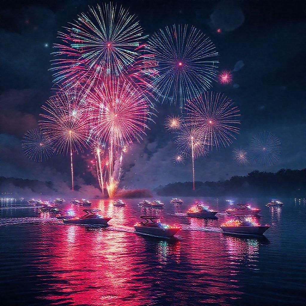 Gathering on the water to celebrate Independence Day with fireworks, lights, and boats.