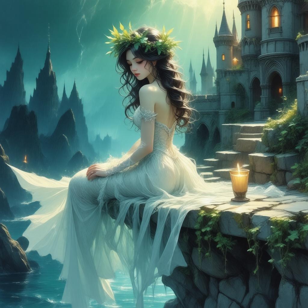 This stunning anime-style mermaid wallpaper features a beautiful mermaid in a white dress and a crown of leaves, perched on the edge of an underwater castle. The warm glow and mysterious blue-green hue create an enchanting atmosphere.