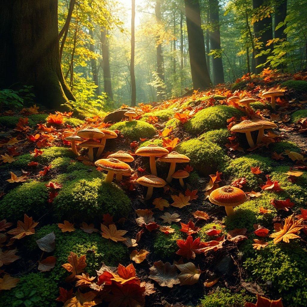 Un sereno sentiero autunnale nel bosco, coperto di foglie arancioni e funghi, un ambiente pacifico per rilassarsi o meditare.