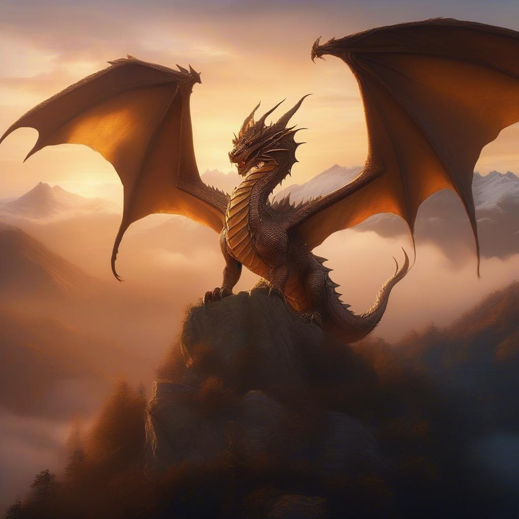 A fantastical dragon sits atop a rocky peak, gazing into the horizon with an air of regal majesty.