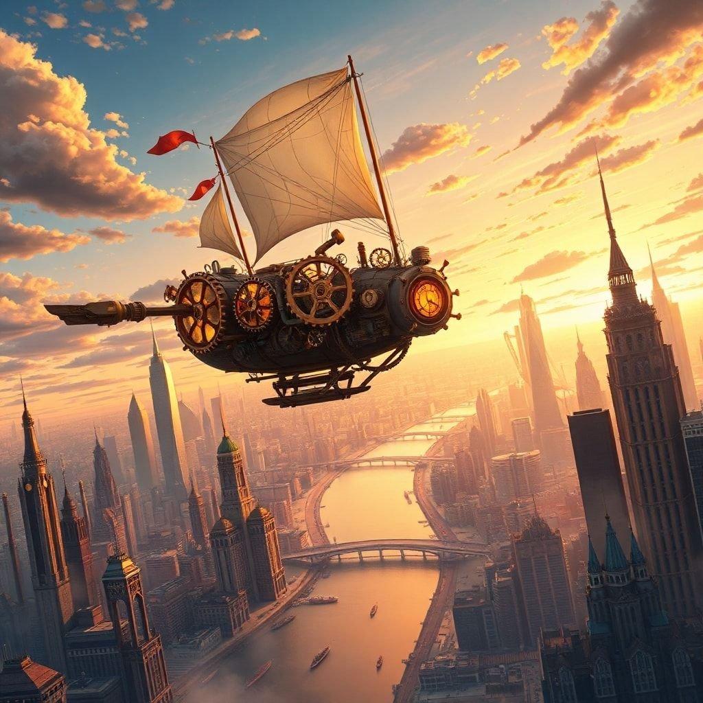 Immerse yourself in the captivating world of steampunk with this stunning wallpaper featuring an airship soaring over a bustling metropolis.