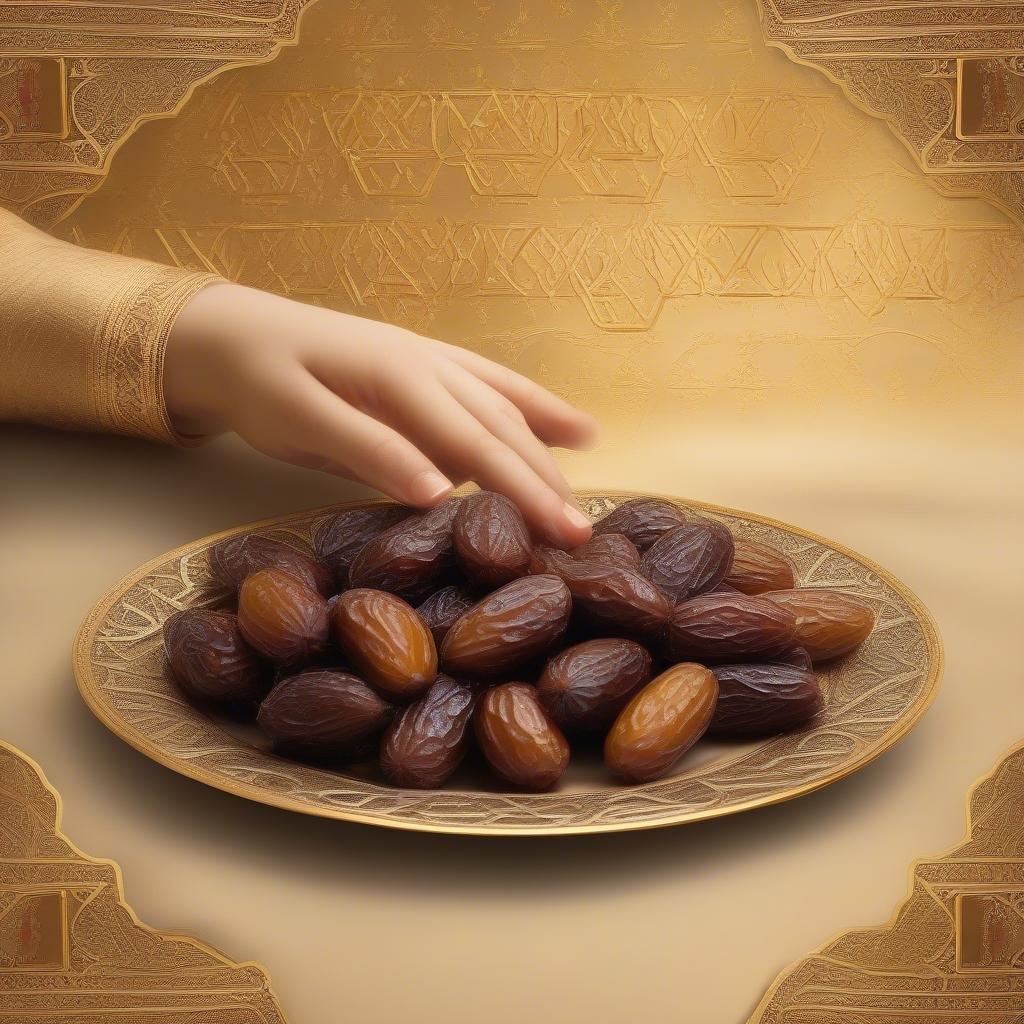 Hand reaching out to delicious golden dates, symbolizing the breaking of the fast during Ramadan or the celebration of Eid al-Fitr. A festive and spiritual image for desktop and mobile wallpapers.