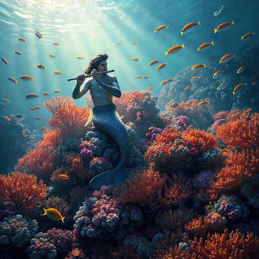 This enchanting wallpaper features a mermaid playing a flute, surrounded by a school of fish and coral reefs. The image is perfect for fans of fantasy creatures and those who appreciate the beauty of the ocean.