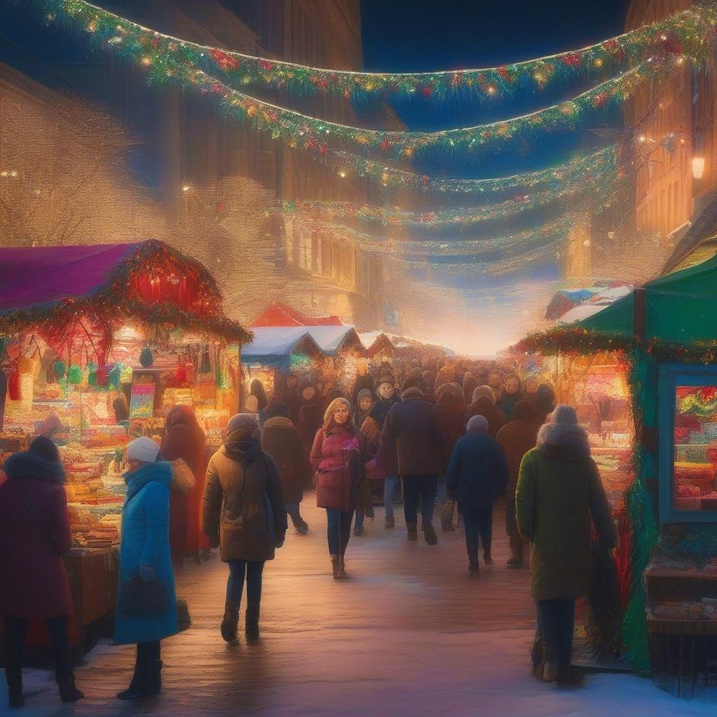 A lively night market filled with holiday shoppers, the air glowing from the twinkling Christmas lights. People are browsing at various booths selling seasonal goods and festive treats.