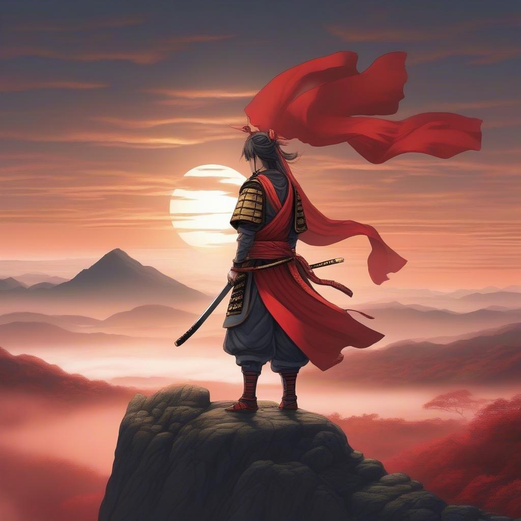 Une guerrière samouraï se tient au sommet d'une montagne, son épée reflétant la dernière lumière du jour contre l'horizon brumeux. Vêtue d'une armure accentuée de doré et de rouge, elle incarne l'esprit d'honneur et de mystère.