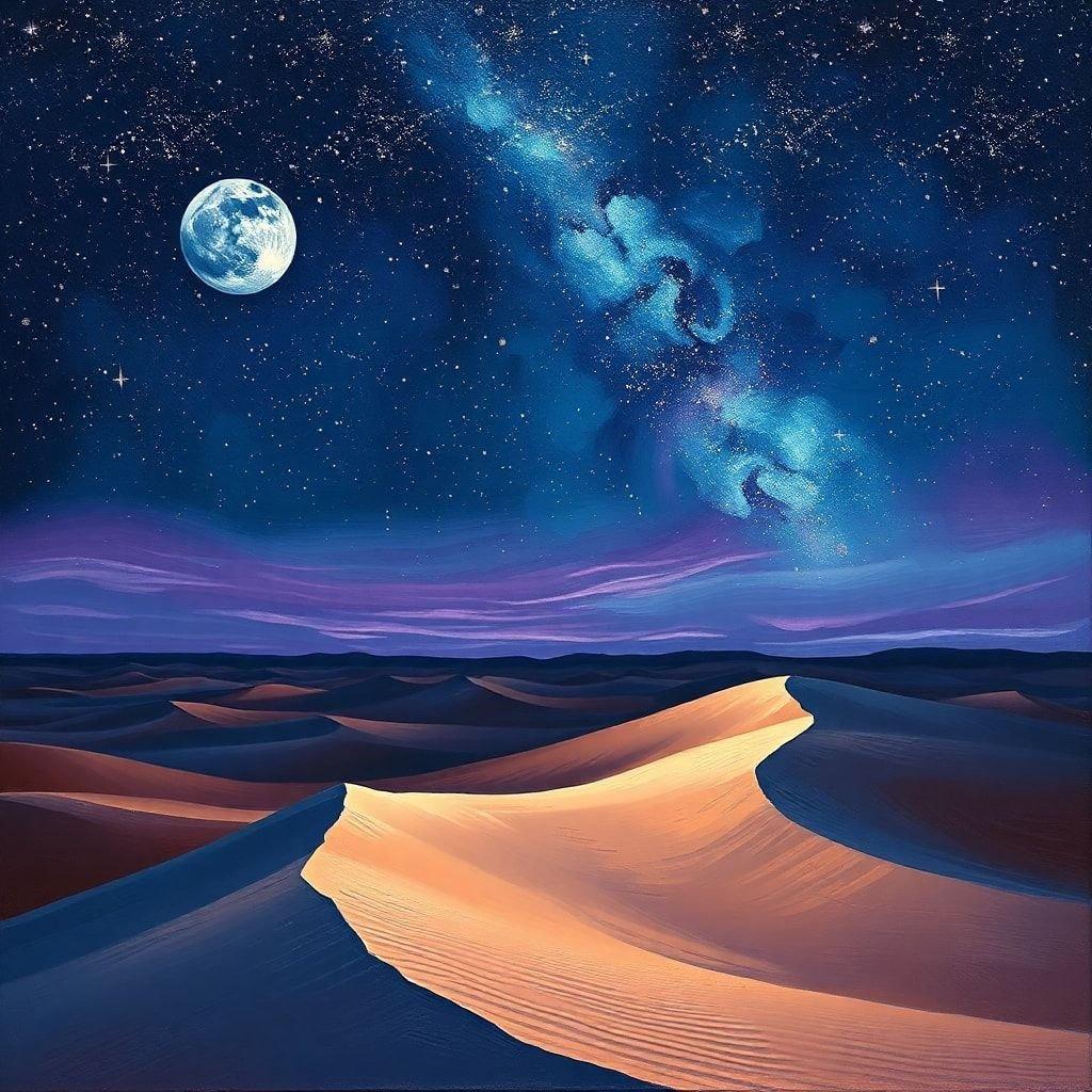 An enchanting night sky over the sandy desert, with a crescent moon and the Pleiades star cluster visible against the vibrant backdrop of nebulae and galaxies. A hazy trail in the sand suggests an oasis nearby.