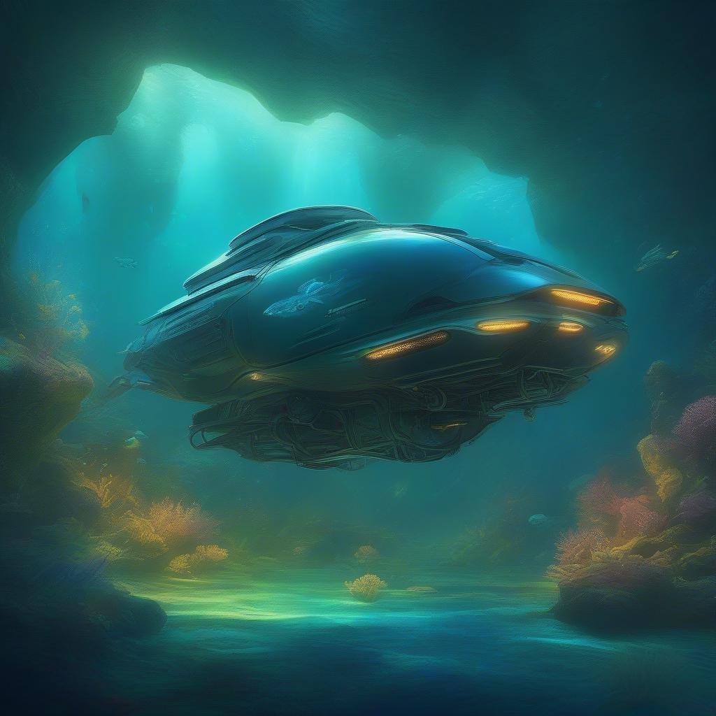 Explore the deep ocean with this futuristic submarine. The sleek design and glowing lights hint at advanced technology, perfect for an underwater journey.