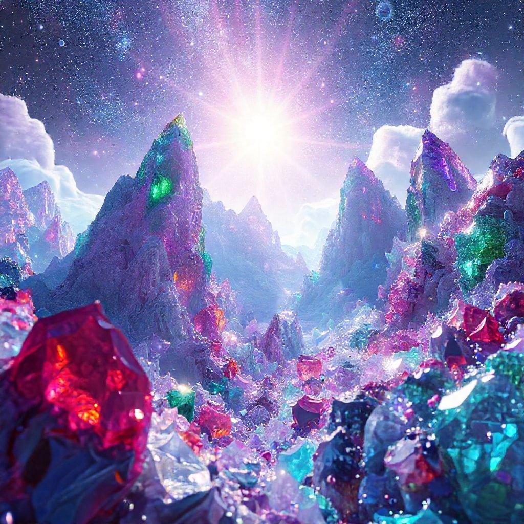 A breathtaking 3D art wallpaper featuring a fantasy landscape with towering mountains, sparkling crystals, and a starry night sky. The image is perfect for anyone who loves science fiction, fantasy, or just wants to add some excitement to their desktop or mobile wallpaper.