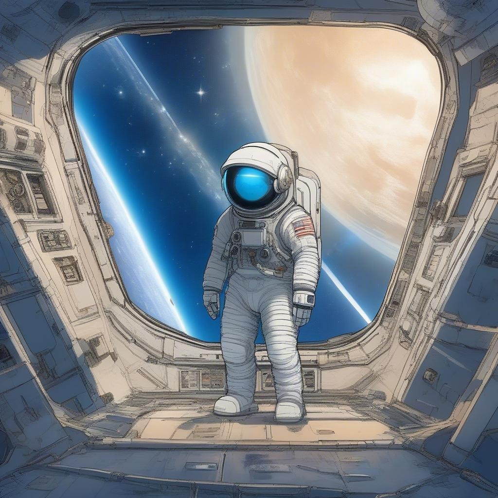 Denna fantastiska bakgrundsbild visar en ensam astronaut som står på en planet, omgiven av en stjärnig rymdstation, vilket skapar en anime-liknande atmosfär.