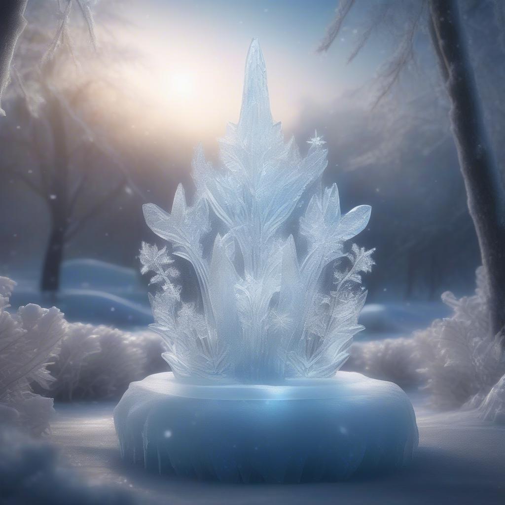 This festive winter scene captures the enchanting beauty of a frozen lake, transformed into an ethereal ice crystal Christmas tree. The deep blue light illuminates the snowy landscape with a mysterious glow, adding to the magical ambiance.