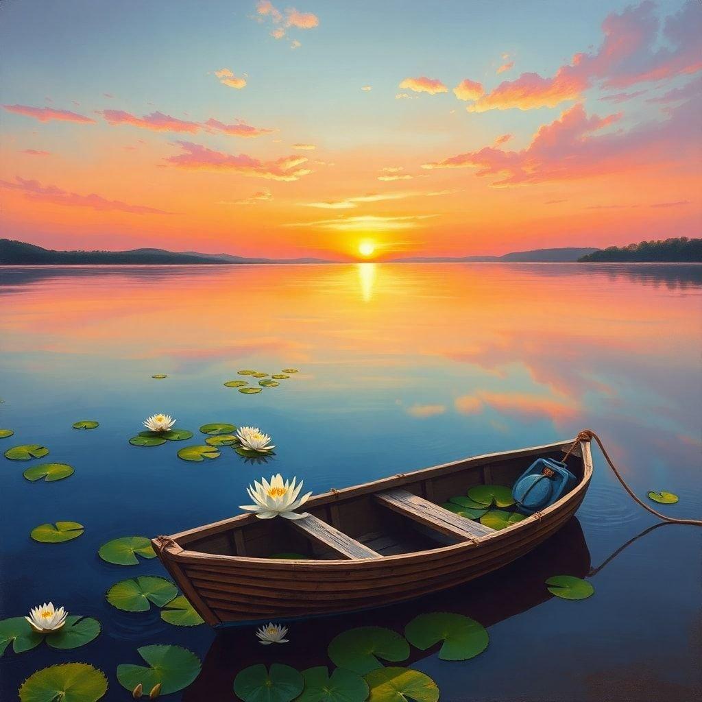 This tranquil scene captures a small boat resting on the serene surface of a lily pad-filled pond, with the majestic sun rising in the background. The reflection of the sky and the glow of the sun create a warm and inviting atmosphere.