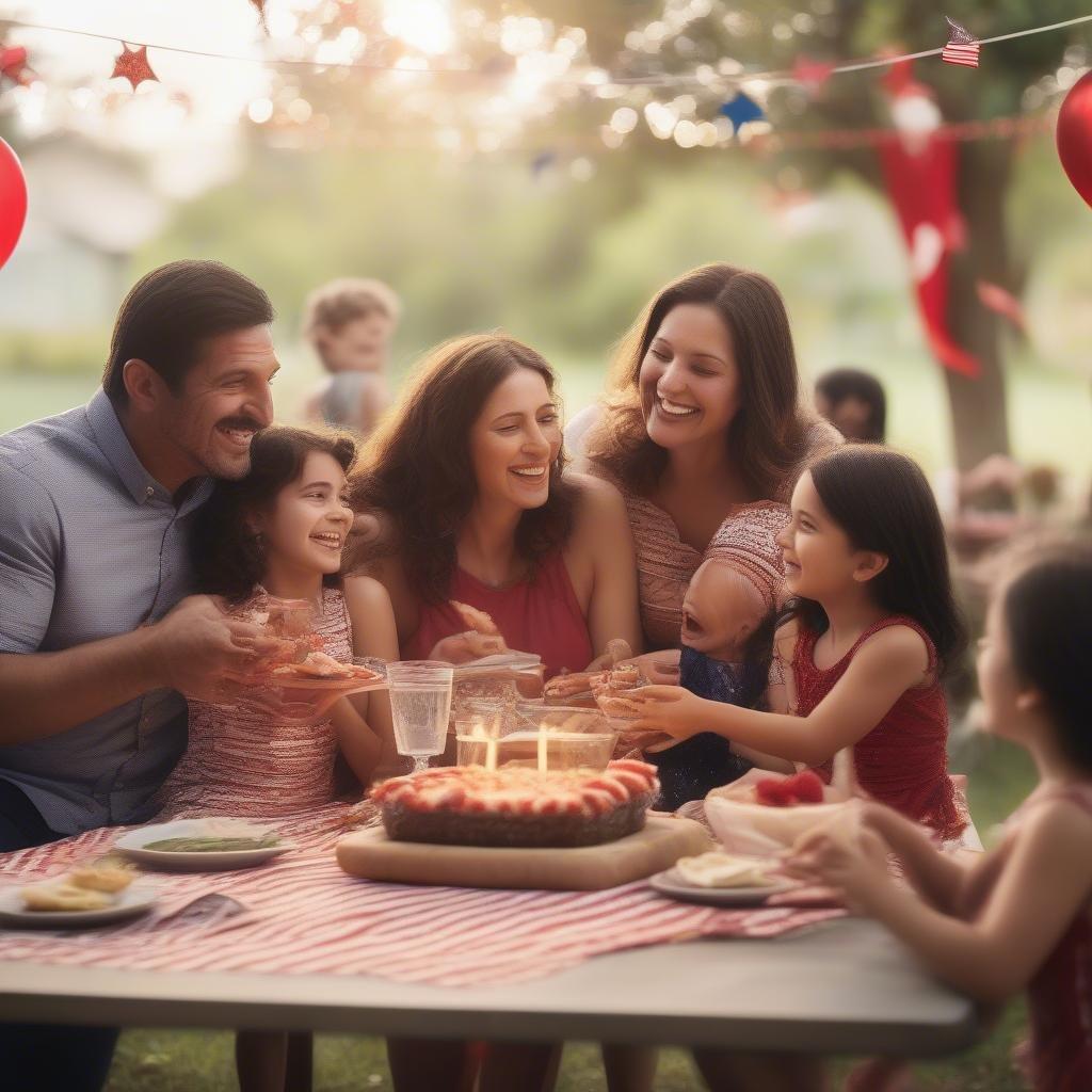 A family gathered around a picnic table, sharing food and laughter as they celebrate the joyous occasion of the Fourth of July.