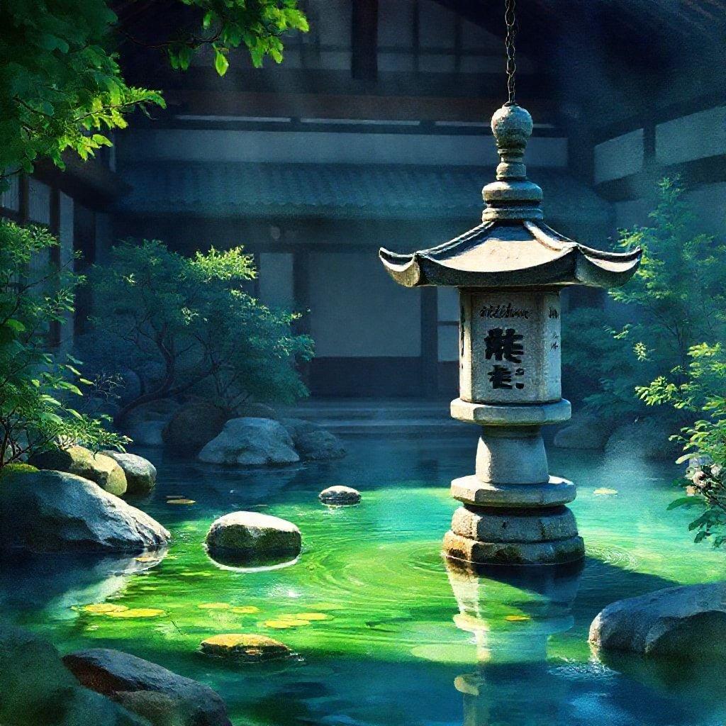 An idyllic scene in an oriental garden, featuring a tranquil koi pond surrounded by traditional Chinese architecture.