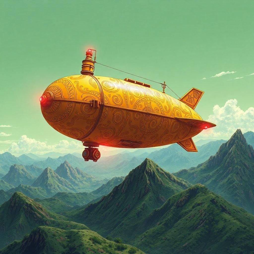 This wallpaper features a steampunk-inspired airship soaring above a majestic mountain range, with a bright yellow body adorned with intricate patterns and small red lights at the top and bottom. The muted green sky with a hint of blue and a few clouds in the distance creates a breathtaking backdrop for this unique and imaginative scene.