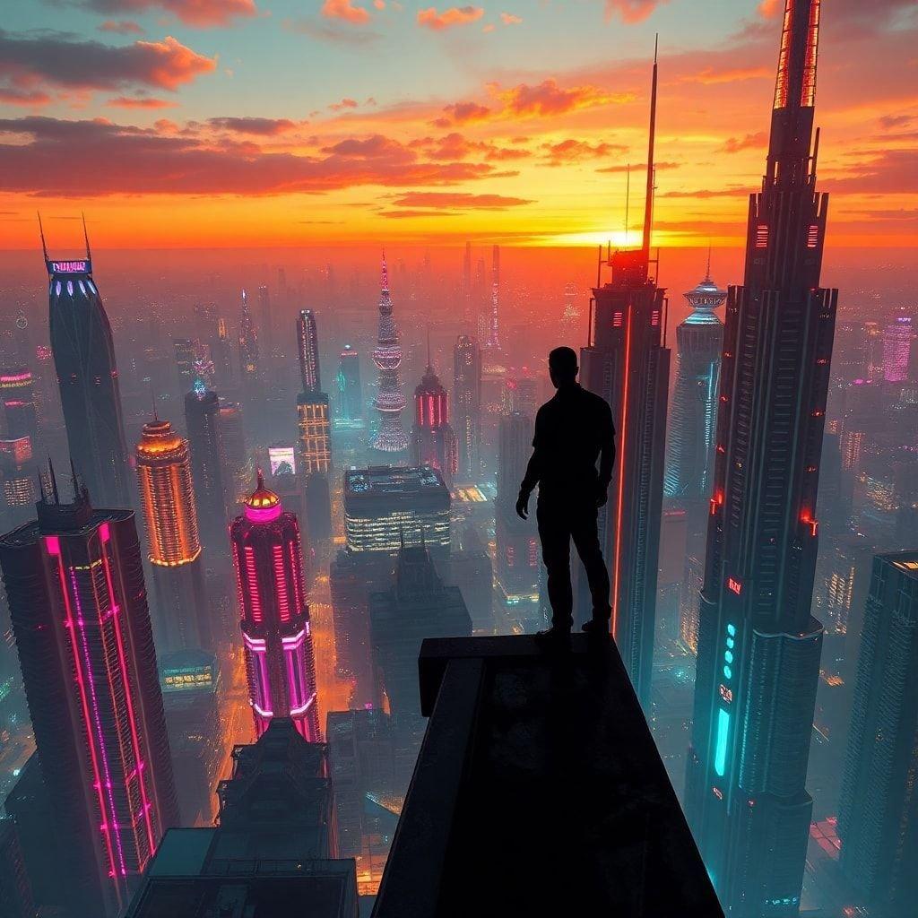 A futuristic city bathed in the glow of neon lights at sunset. A lone figure stands on a rooftop, silhouetted against the vibrant sky.