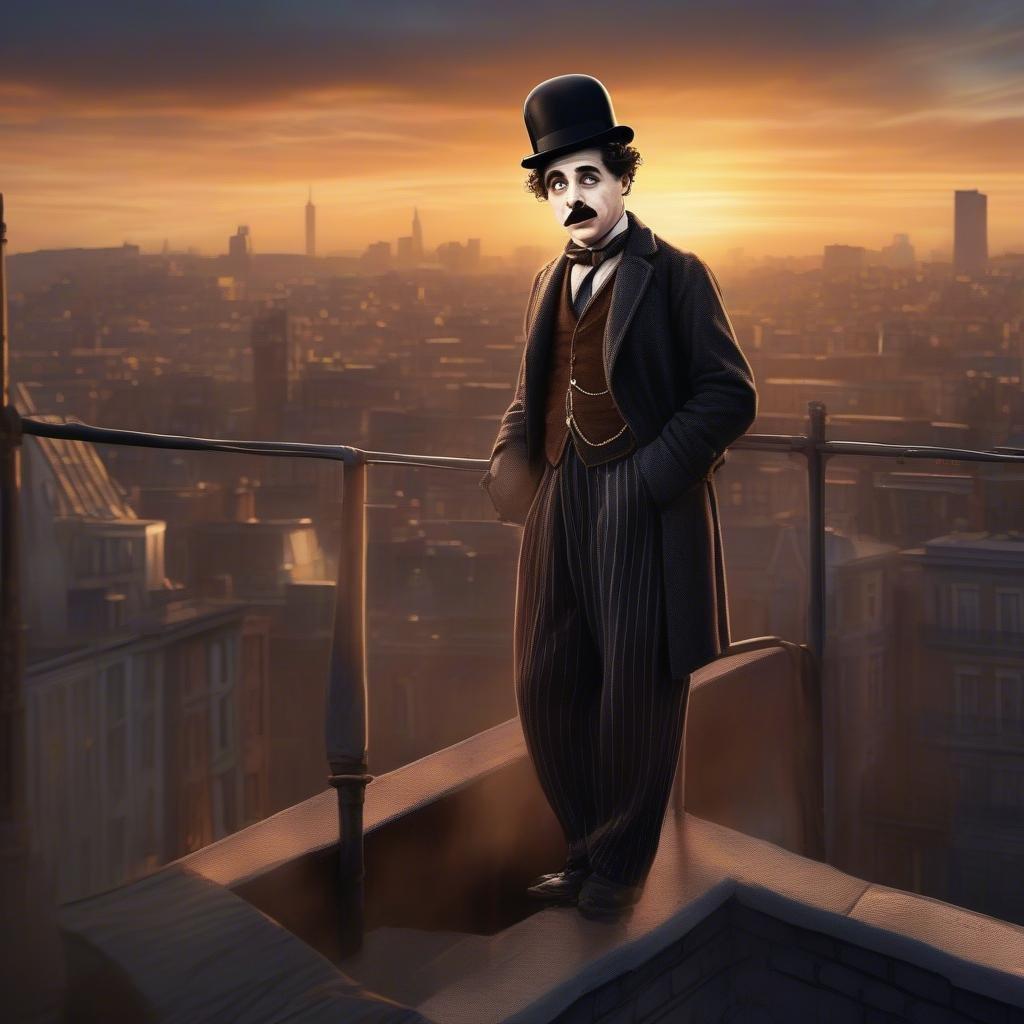 A charming portrayal of a famous author, standing against the backdrop of a bustling city skyline.