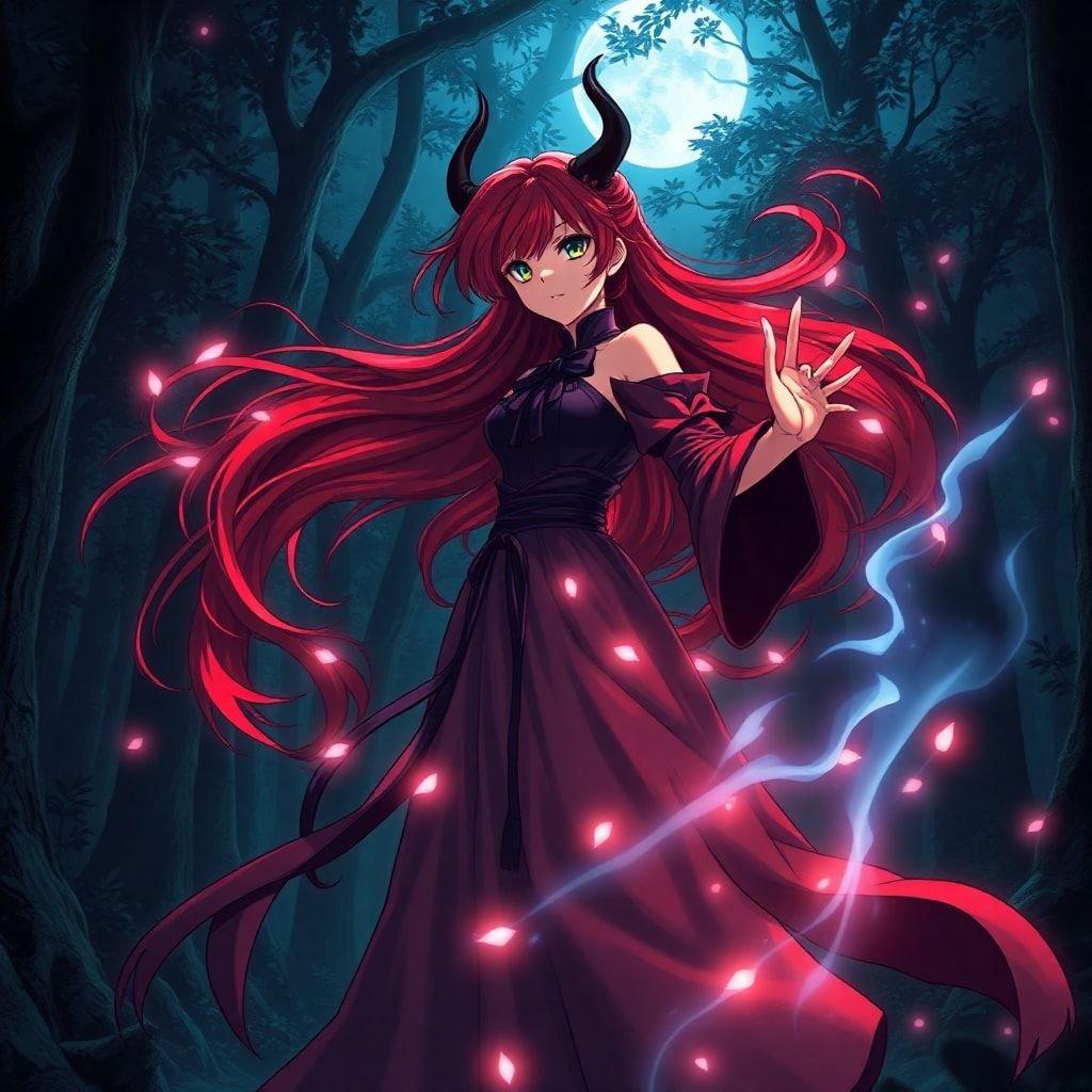 A captivating scene with a mystical anime character adorned in a flowing dress, set against the backdrop of a dark forest under a full moon. The enchanting figure commands attention with her powerful presence and magical aura.