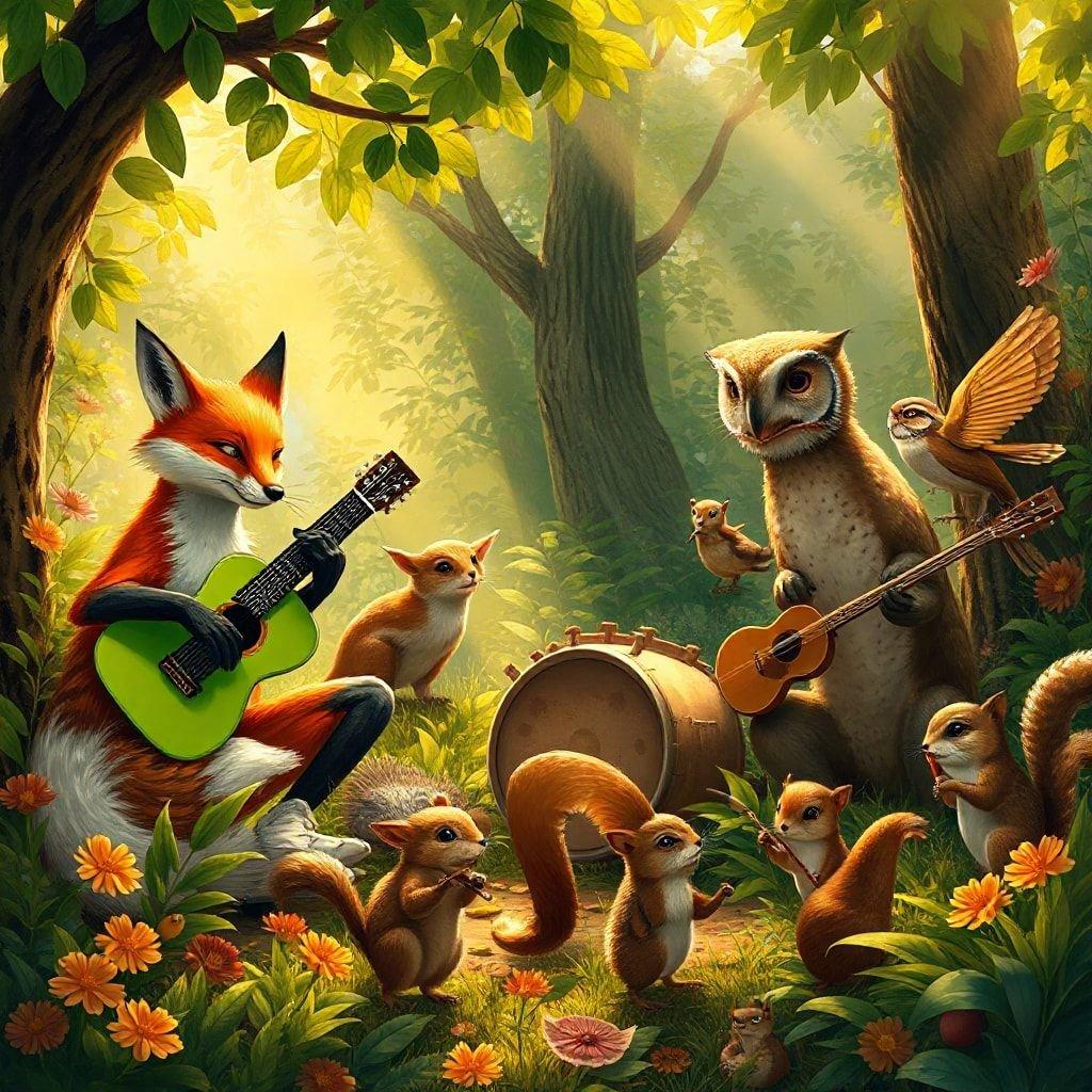 A whimsical forest scene where woodland creatures gather to sing and dance in a magical, musical meadow.